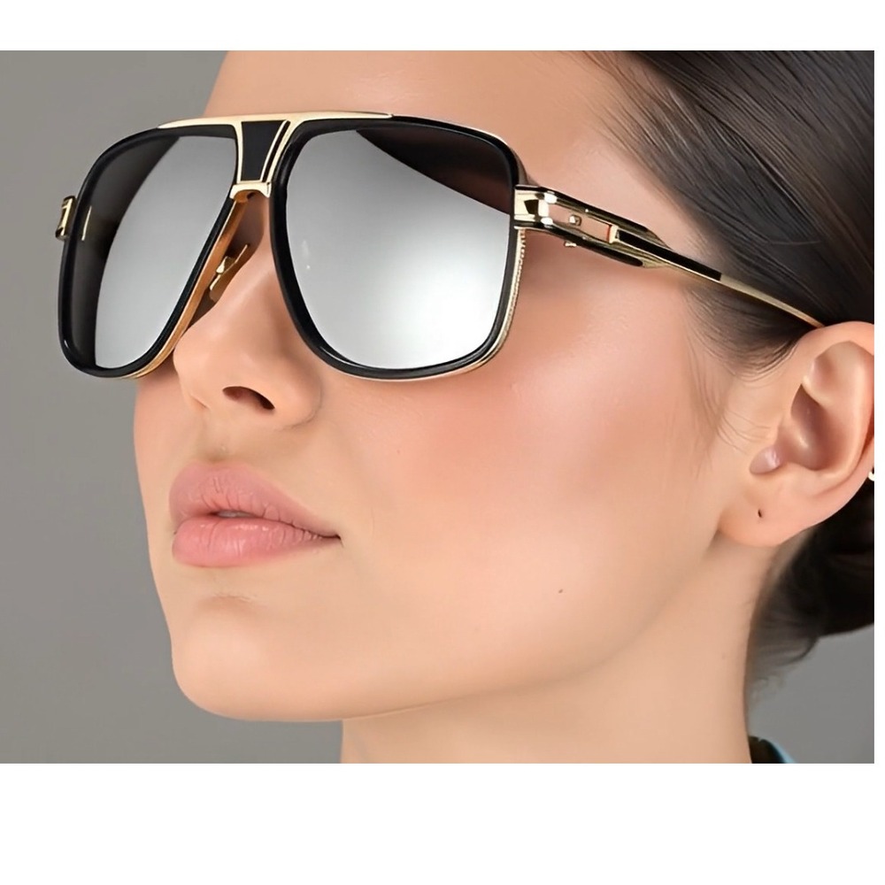 Designer Sunglasses Gold Black Frame Mirror Lens Retro Vintage Square Men Trendy